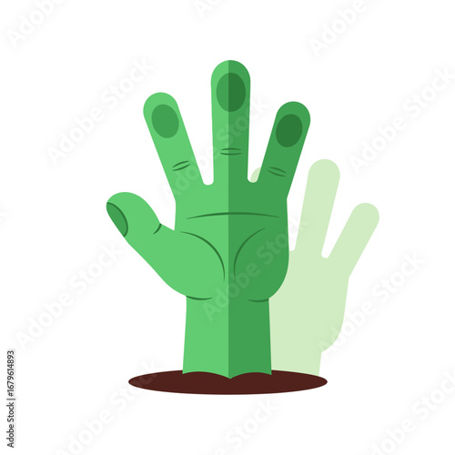 Creepy green zombie hand rising from the ground, a spooky undead creature limb for Halloween horror and eerie themes