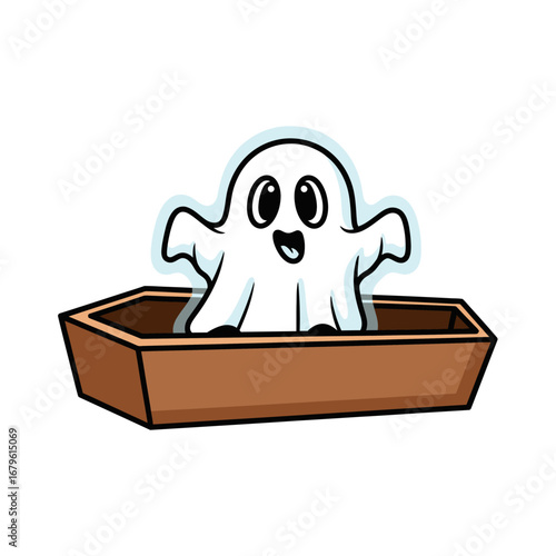 Playful cartoon ghost makes a lively and unexpected appearance from a rustic coffin, ready for spooky fun