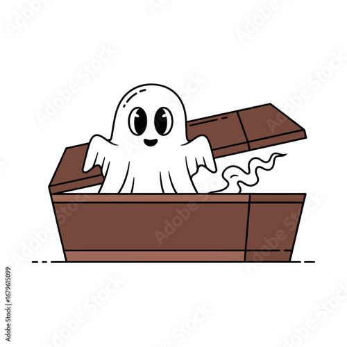 Cute cartoon ghost character happily emerging from an open coffin, a friendly spooky illustration