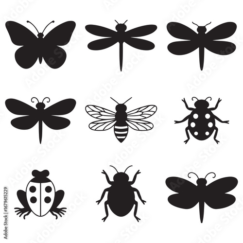 Set Butterfly, dragonfly, bee, ladybug, frog. Hand drawn. Vector black silhouette. with white background