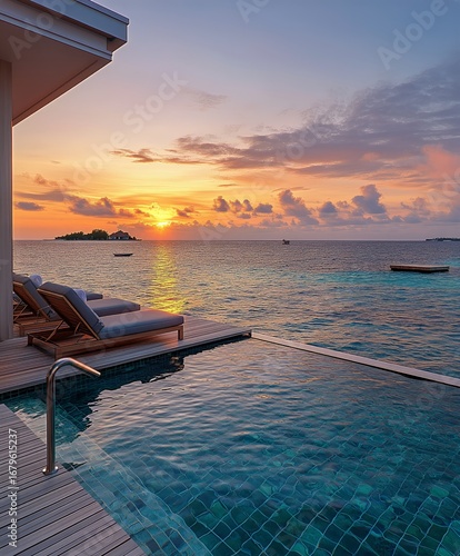 Sunset Over the Ocean Viewed From a Luxurious Infinity Pool on a Tropical Isl...