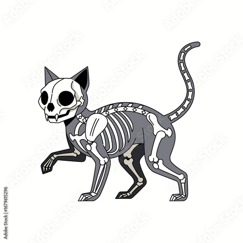 Eerie feline anatomy illustration showing the skeletal structure of a spooky walking cat