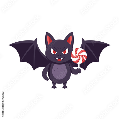 Cute cartoon bat character holding a festive lollipop, Halloween illustration