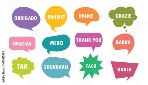 speech bubbles with text thanks in different languages