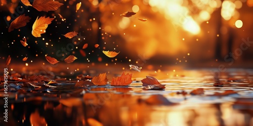 Autumn Leaves Reflect in Water During Sunset in a Serene Forest.