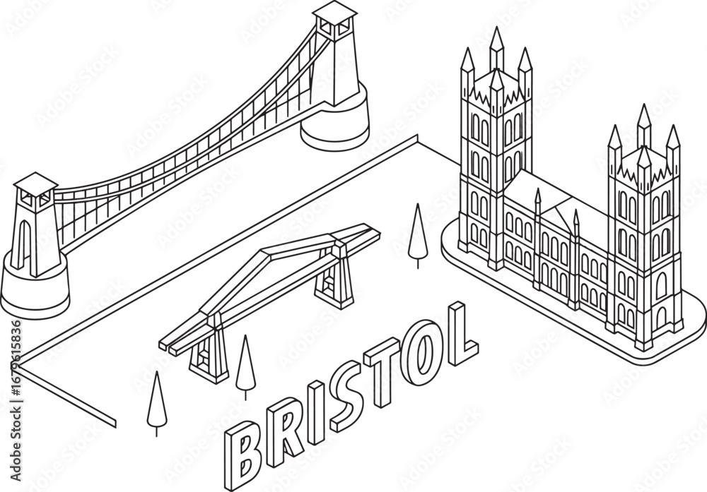 Obraz premium Bristol Cityscape Outline Isometric Vector Illustration with Clifton Suspension Bridge