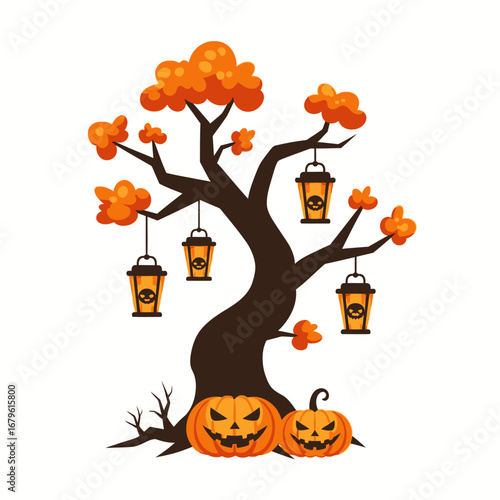 Spooky Halloween tree illustration with glowing jack-o'-lanterns and hanging skull lanterns