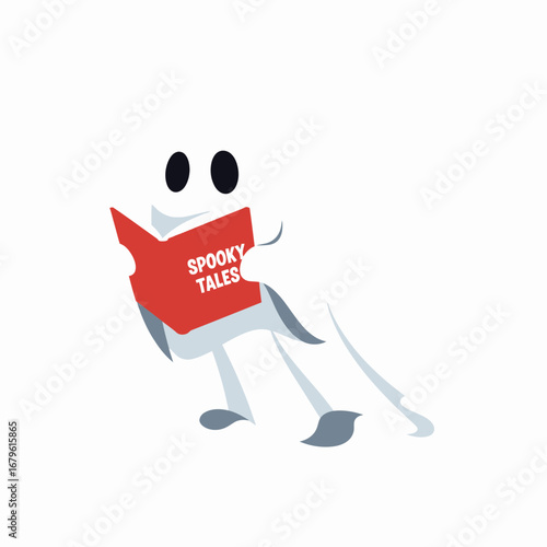 Whimsical ghost character enjoying a thrilling read of supernatural and spine-chilling stories