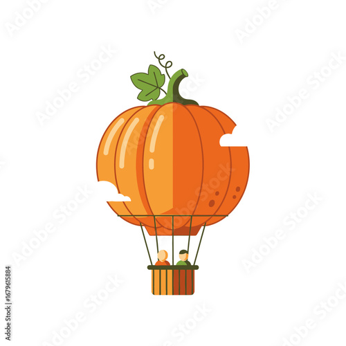 Whimsical hot air balloon shaped like a pumpkin carrying passengers on a journey