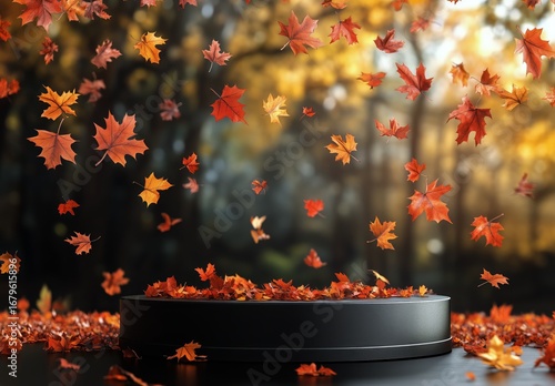Autumn Leaves Swirl Around a Dark Pedestal in a Serene Forest Setting With So...