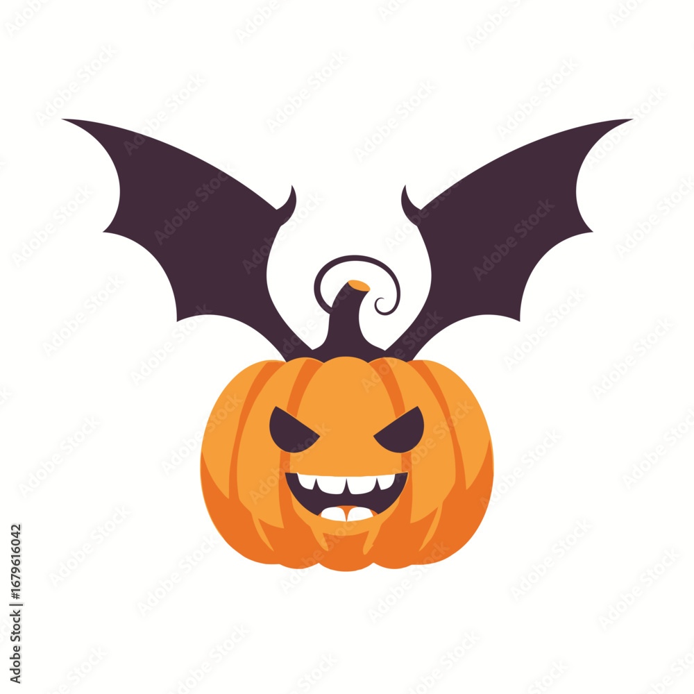 Fototapeta premium Frightening Jack-o'-Lantern with Scary Face and Dark Bat Wings Ready for Halloween Festivities