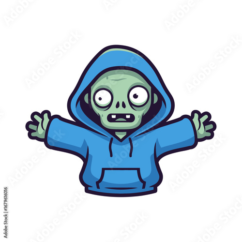 Whimsical cartoon zombie in a blue hoodie with wide eyes and outstretched arms, looking surprised or shocked