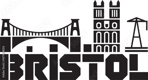 Bristol Skyline Silhouette Vector Illustration of Cityscape with Famous Landmarks and Text