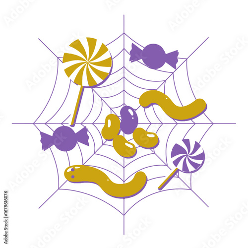 Spooky and sweet Halloween concept with various candies trapped in a delicate spiderweb design