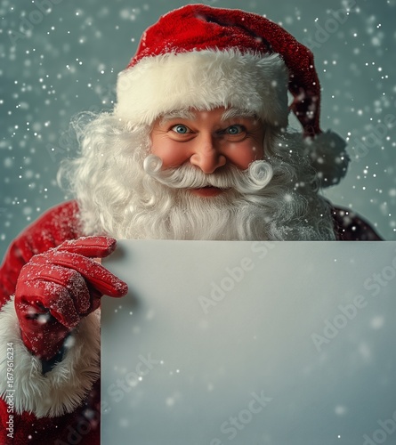 Cheerful Figure in Santa Costume Holding Blank Sign in Snowy Background