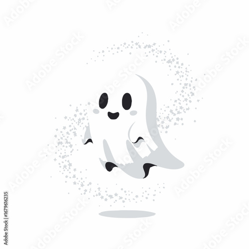 Cute cartoon ghost character with a friendly smile and twinkling eyes, floating happily