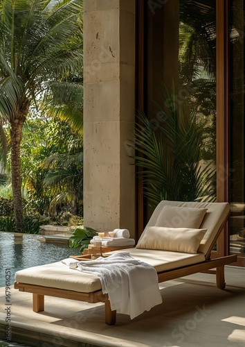 Relaxing Lounge Chair by a Tranquil Pool Surrounded by Lush Tropical Foliage ...