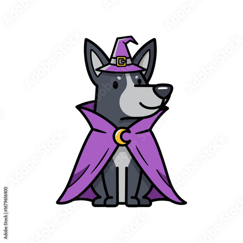 Charming magical puppy illustration wearing a sorcerer's costume with a purple cloak and hat