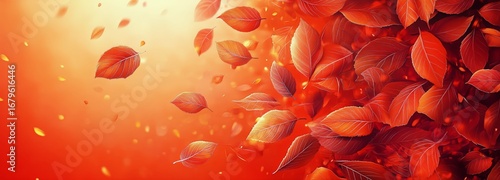 Colorful Autumn Leaves Swirling in the Wind During a Vibrant Sunset