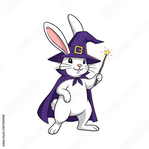 Whimsical white rabbit wizard character enchanting with its magical star-tipped wand and purple attire