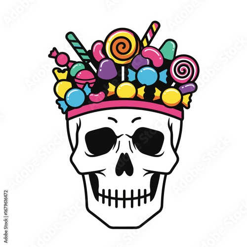 Sugar Skull Festive Skull with Candy Crown for Day of the Dead Celebration