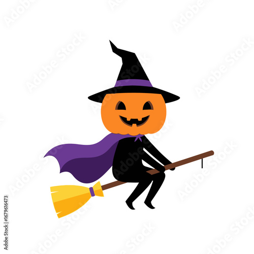 Whimsical Jack-o'-lantern Witch Swiftly Soaring on a Magical Broomstick Ready for Halloween Adventures