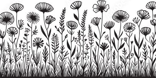 Elegant Floral Meadow Vector Illustration Black and White Artistic Design for Prints and Creative Projects Nature Inspired Botanical Graphics