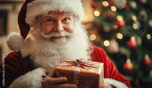 Santa Claus Smiles While Holding a Beautifully Wrapped Gift in a Festive Chri...