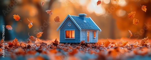 Miniature Blue House Surrounded by Falling Autumn Leaves on a Sunny Day
