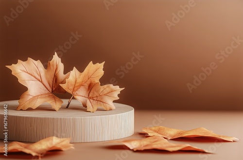 Autumn Leaves Arranged on a Wooden Platform With a Warm Brown Backdrop