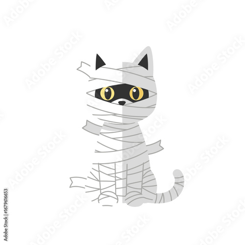 Adorable cartoon cat wrapped in mummy bandages for a spooky Halloween celebration, isolated vector