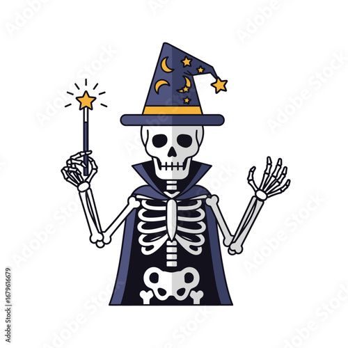 Enchanting skeleton sorcerer character in a magical cloak and pointed hat with a wand