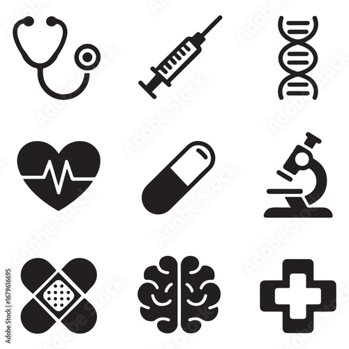 Set Medical icons black silhouette. Vector black silhouette. with white background