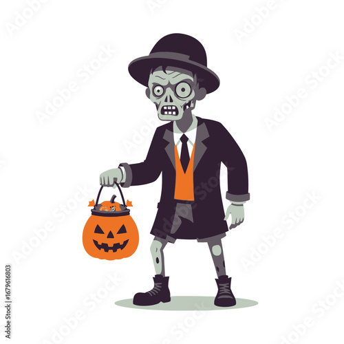 Halloween zombie character in a suit holding a pumpkin candy bucket
