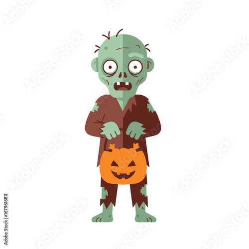 Spooky zombie character holding a pumpkin for Halloween trick or treating