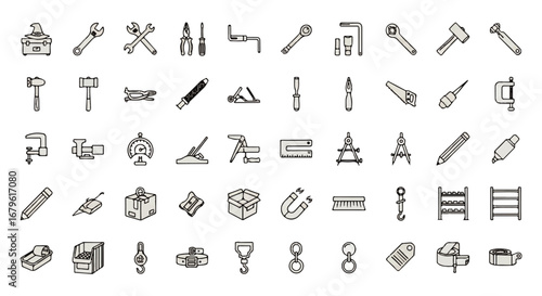 Collection of Hand-Drawn Gray-Scale Tools Icons: Wrenches, Hammers, Pliers, and More