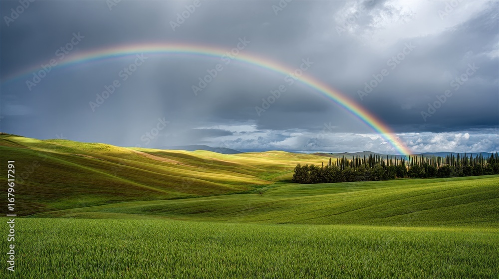 Naklejka premium Vibrant rainbow arching over lush green fields landscape