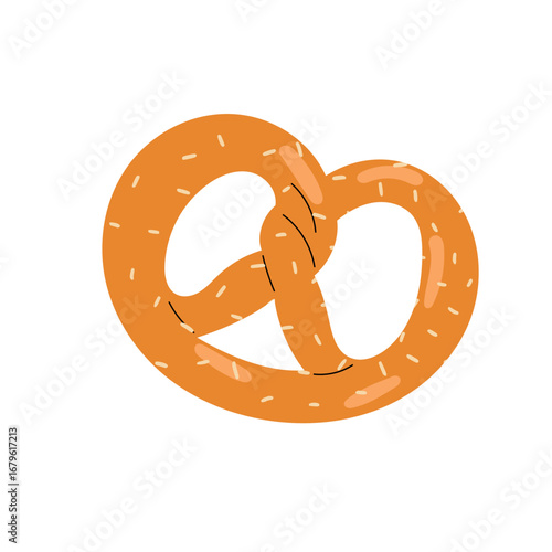 Bavarian pretzel. A soft, twisted pretzel snack with a golden brown crust. Traditional german pretzel with salt. Illustrated in a fun and appetizing flat style.
