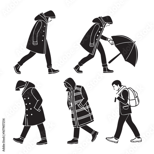Collection of diverse people silhouettes walking in winter coats carrying umbrellas and backpacks