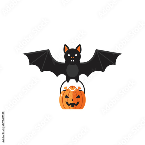Cute flying bat cartoon character holding a jack-o'-lantern pumpkin basket for Halloween trick-or-treating