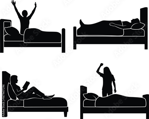 Silhouette vector of people in bed showing sleeping, waking up, stretching, and reading — daily routine concept for bedroom lifestyle.