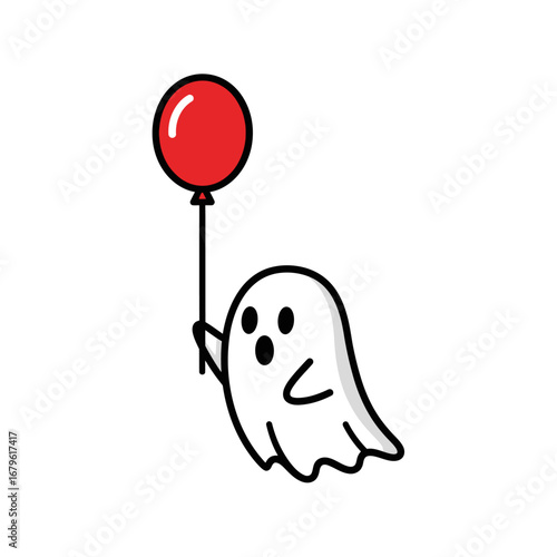 Whimsical cartoon ghost character playfully floating with a vibrant red balloon, evoking a sense of innocent charm and fantasy