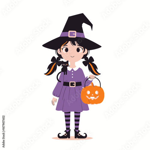 Cute witch girl with pigtails and a black cat holding a smiling pumpkin pail for Halloween