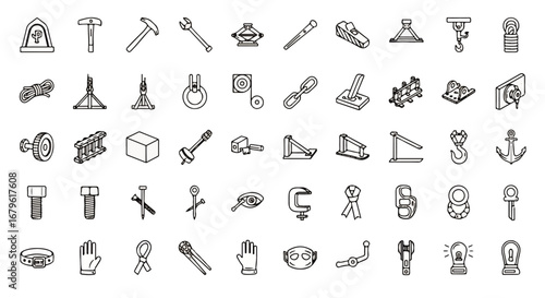 Collection of Hand-Drawn Industrial Tools and Hardware Icons