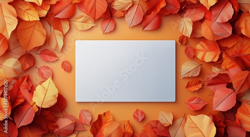 Colorful Autumn Leaves Frame a Blank Canvas on a Vibrant Orange Background.