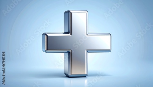 Metallic plus symbol on a light blue background