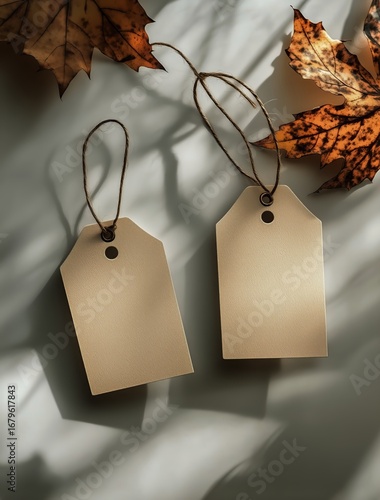 Empty Tags on a Wall With Soft Shadow Patterns From Leaves in Afternoon Light.
