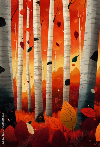 Autumn Foliage Displays Vibrant Colors Among Birch Trees in a Serene Forest S...