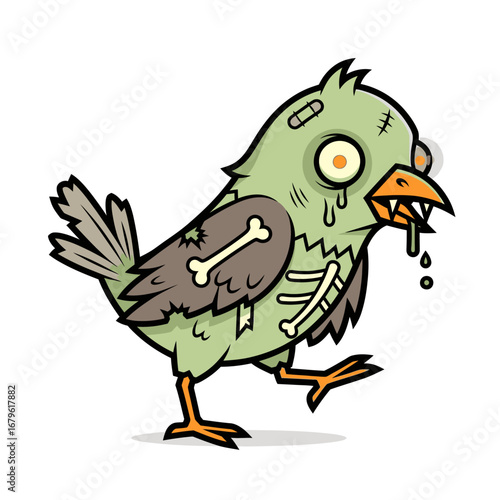 Funny cartoon zombie bird character walking with exposed bones and a bandage, isolated on a white background