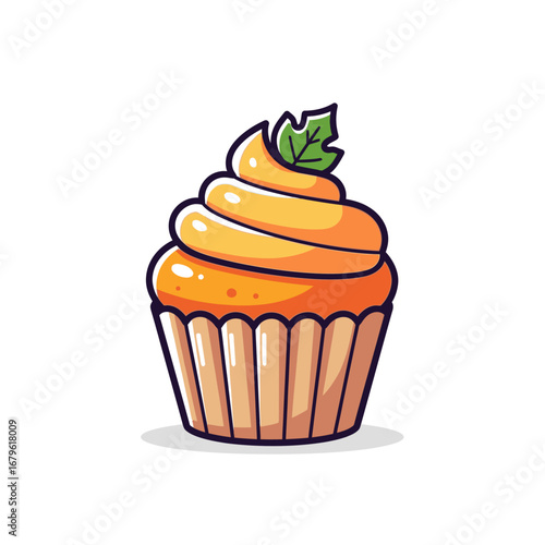 Sweet cartoon pumpkin spice cupcake with orange frosting and a leaf, an isolated vector dessert illustration